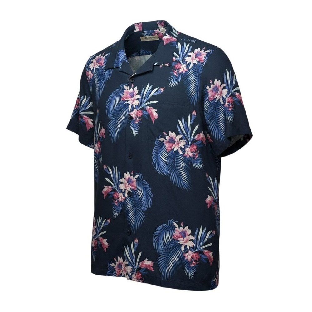 Tommy Bahama XL Navy Blue 100% Silk Floral Palm Leaf Herringbone Camp Shirt